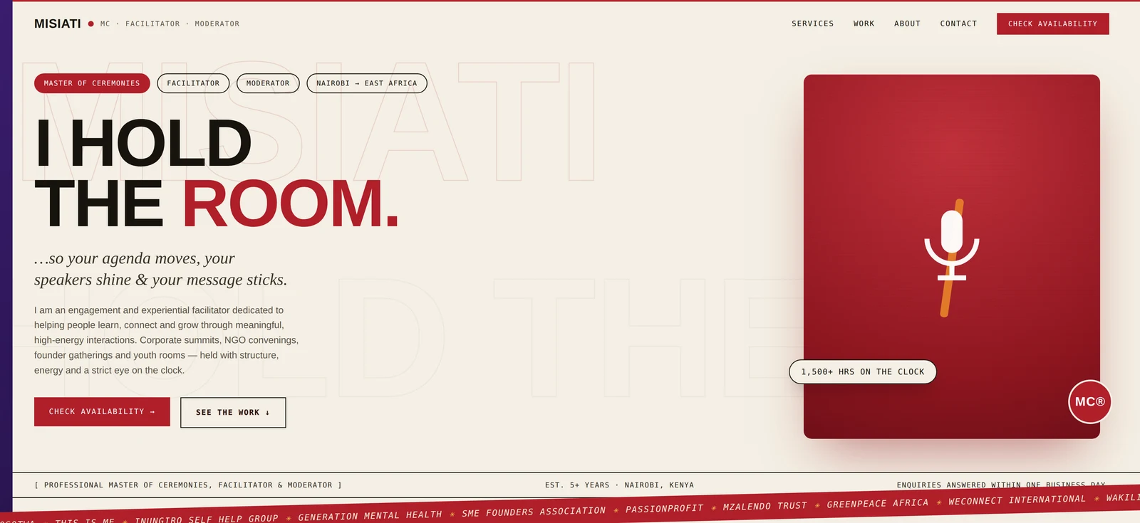 Misiati MC — 'I hold the room' facilitator & master of ceremonies homepage