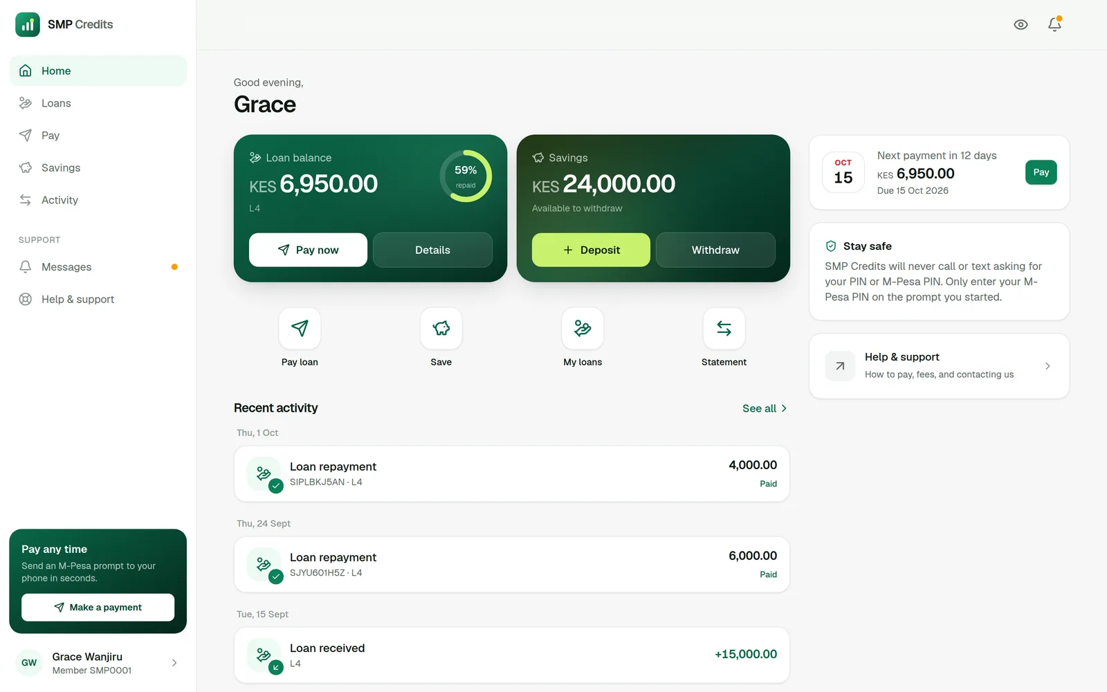 SMP Credits member app — loan balance, savings and M-Pesa repayment