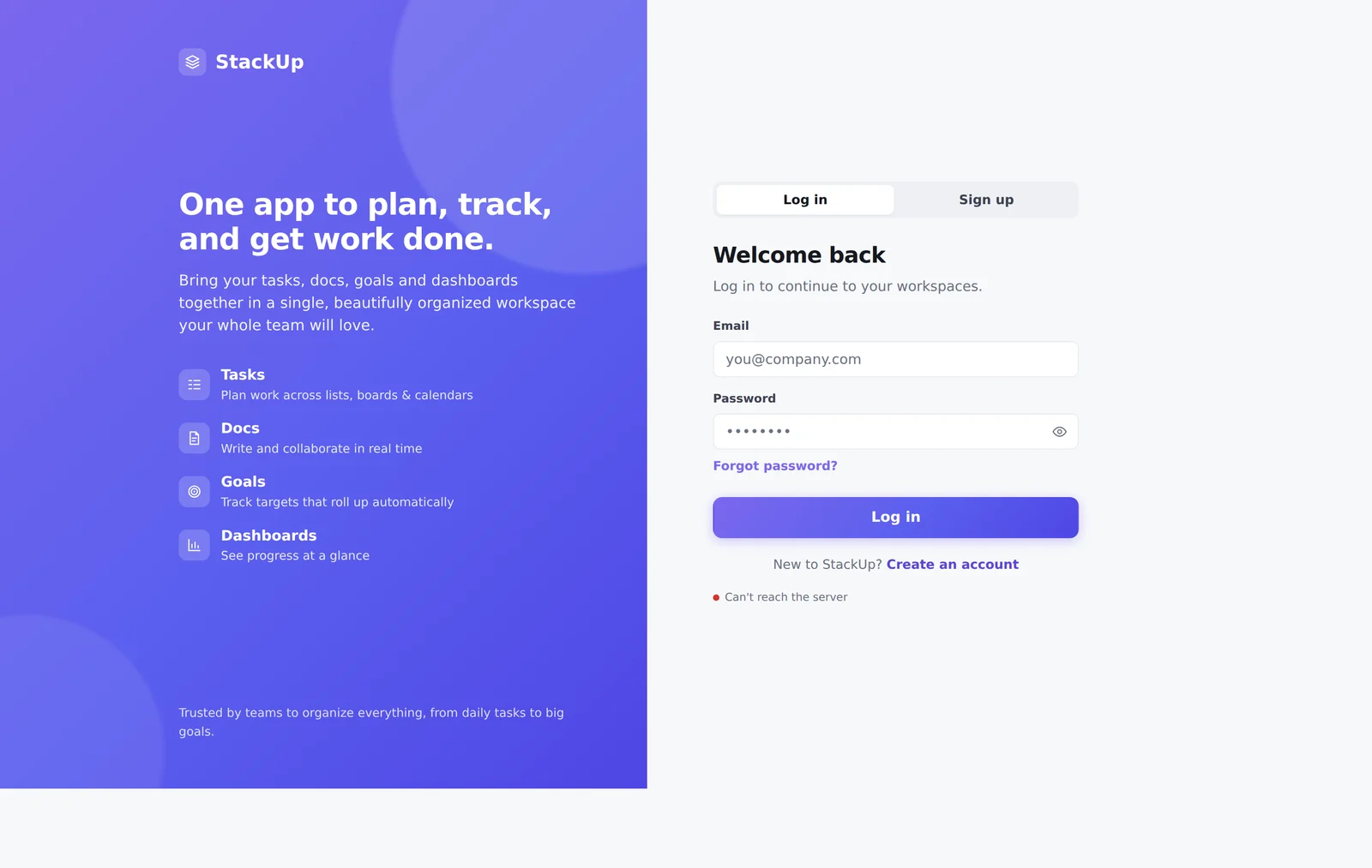 StackUp — 'one app to plan, track, and get work done' sign-in