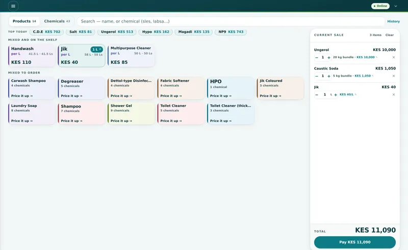 Riziki POS counter — products mixed to order priced by their chemicals, with a running sale and the total to pay