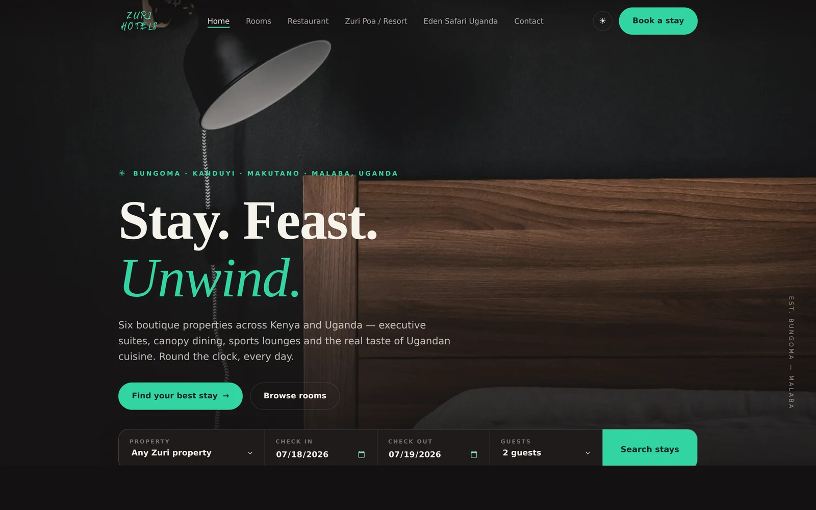 Zuri Hotels & Resorts — 'Stay. Feast. Unwind.' booking homepage