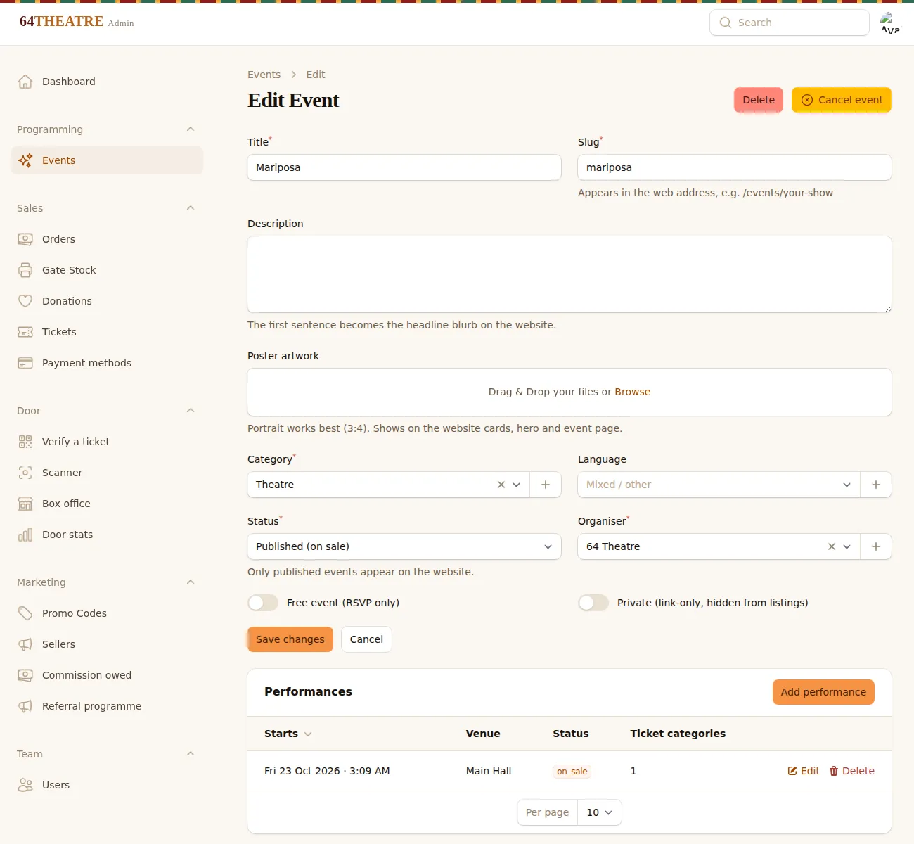 The admin: a performance with its ticket types and prices