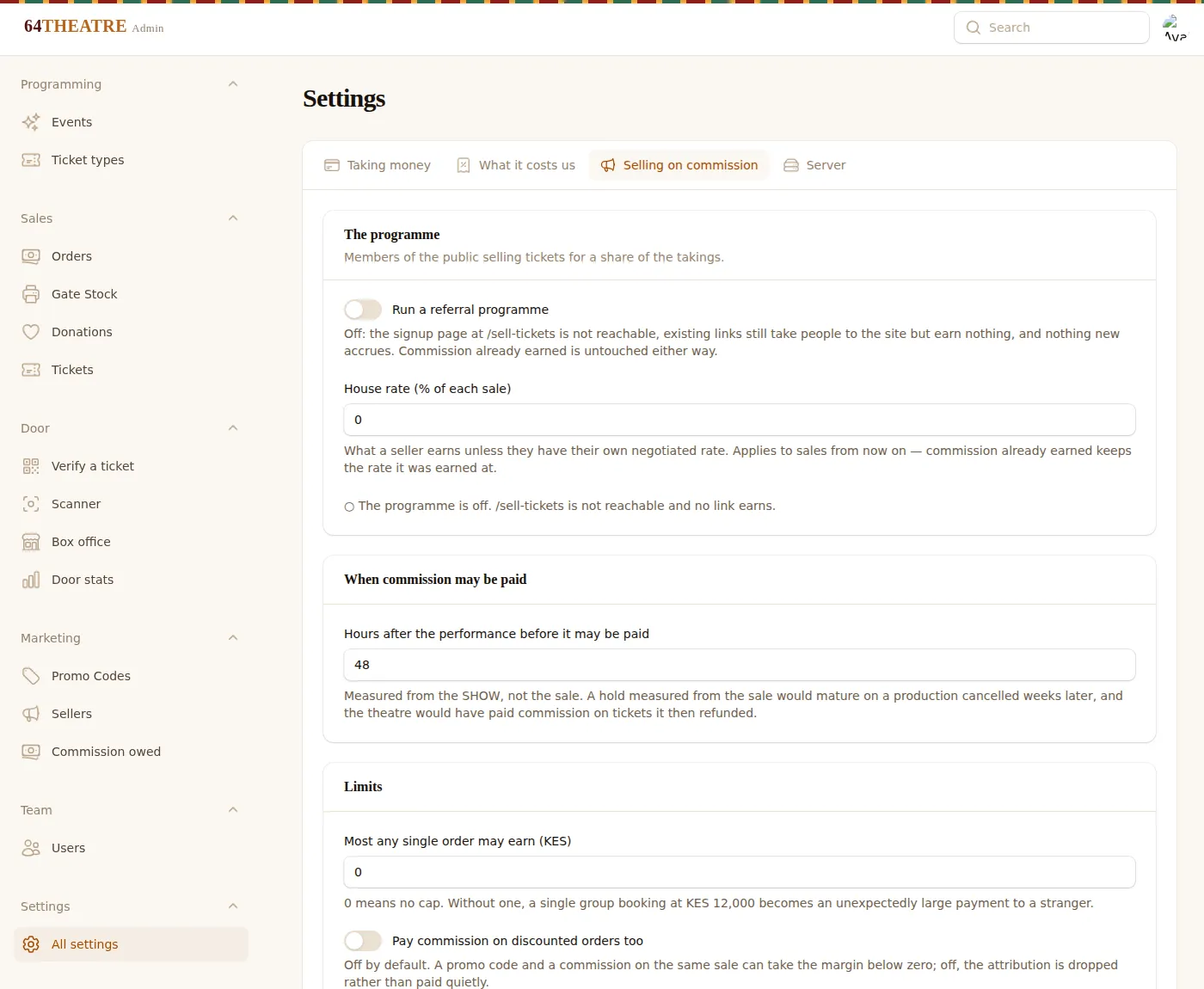 The commission settings for public sellers