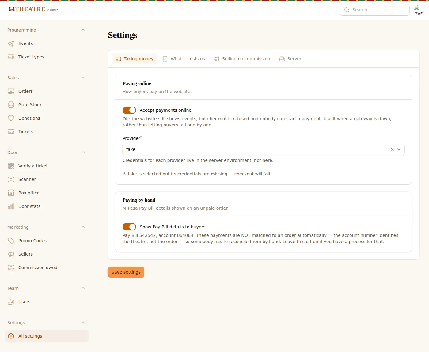 Settings: taking money, what it costs, selling on commission, server