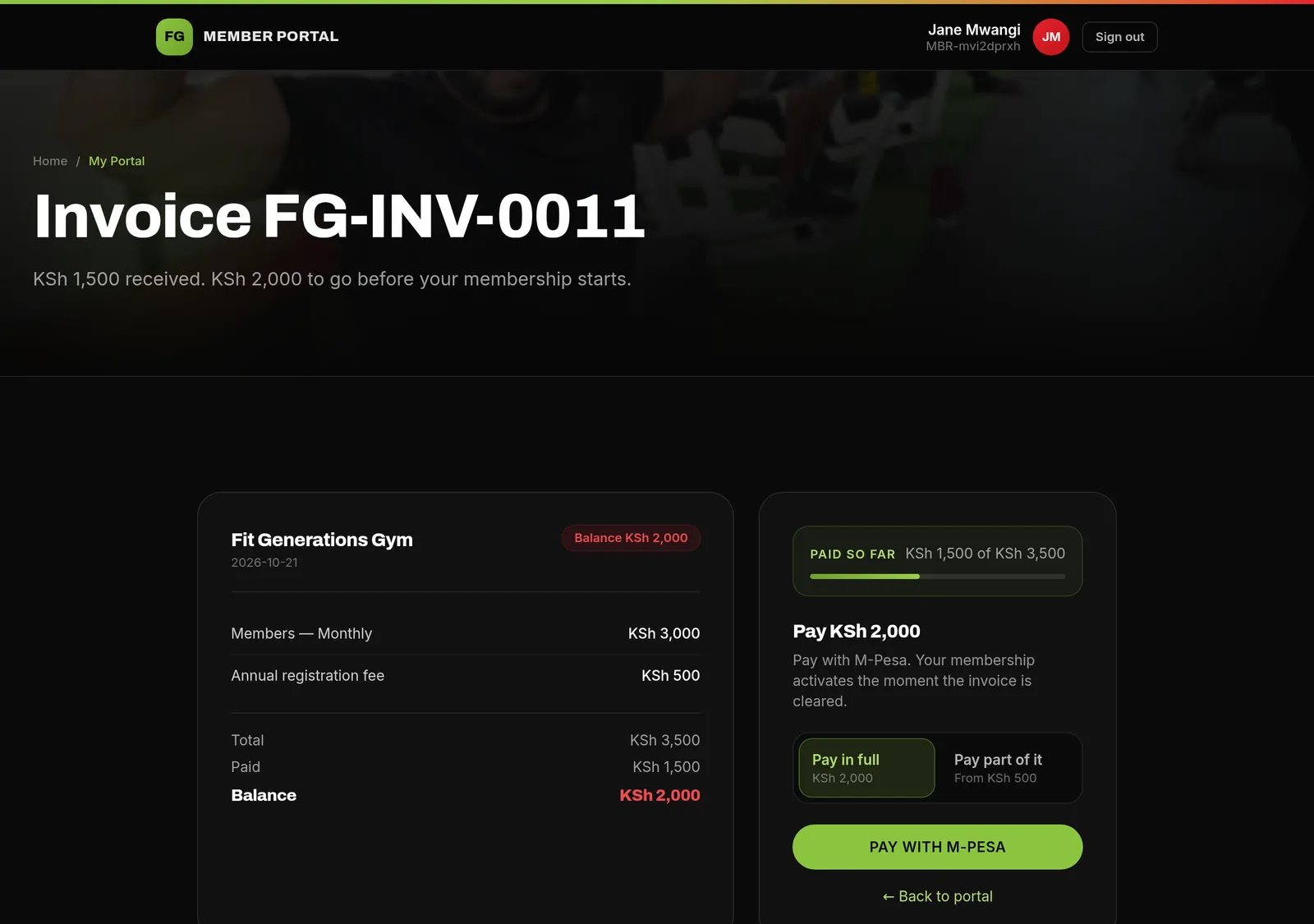 An invoice showing paid so far and the balance still to go