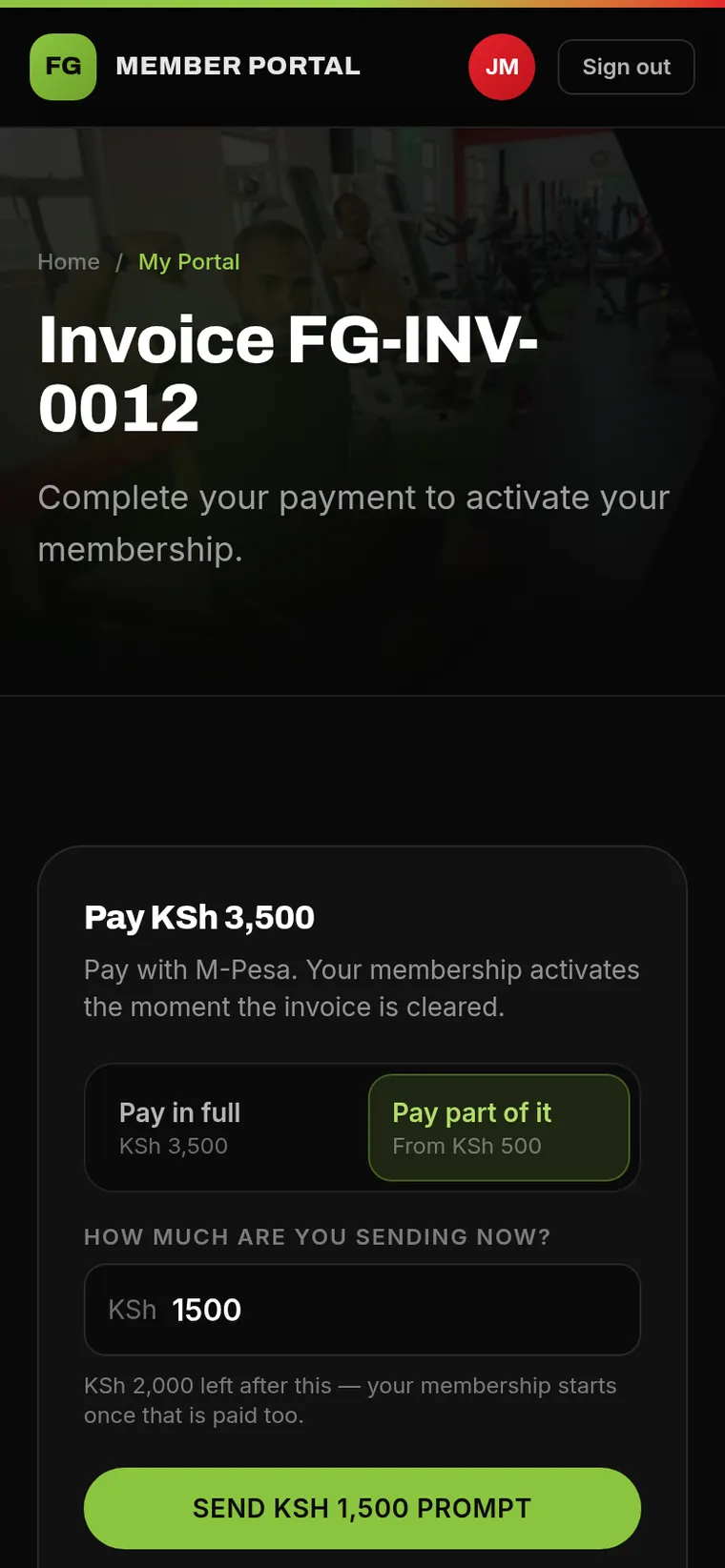 A member choosing to pay part of an invoice on their phone